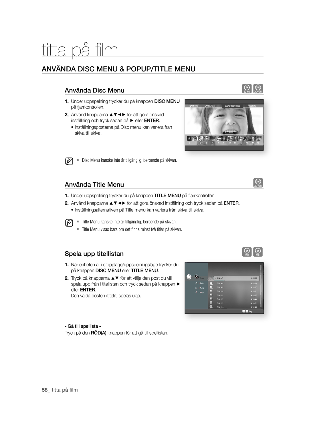 Samsung BD-P1580/XEE AnVÄnda diSc MEnU & POPUP/TiTLE MEnU, Använda disc Menu, Använda Title Menu, Spela upp titellistan 