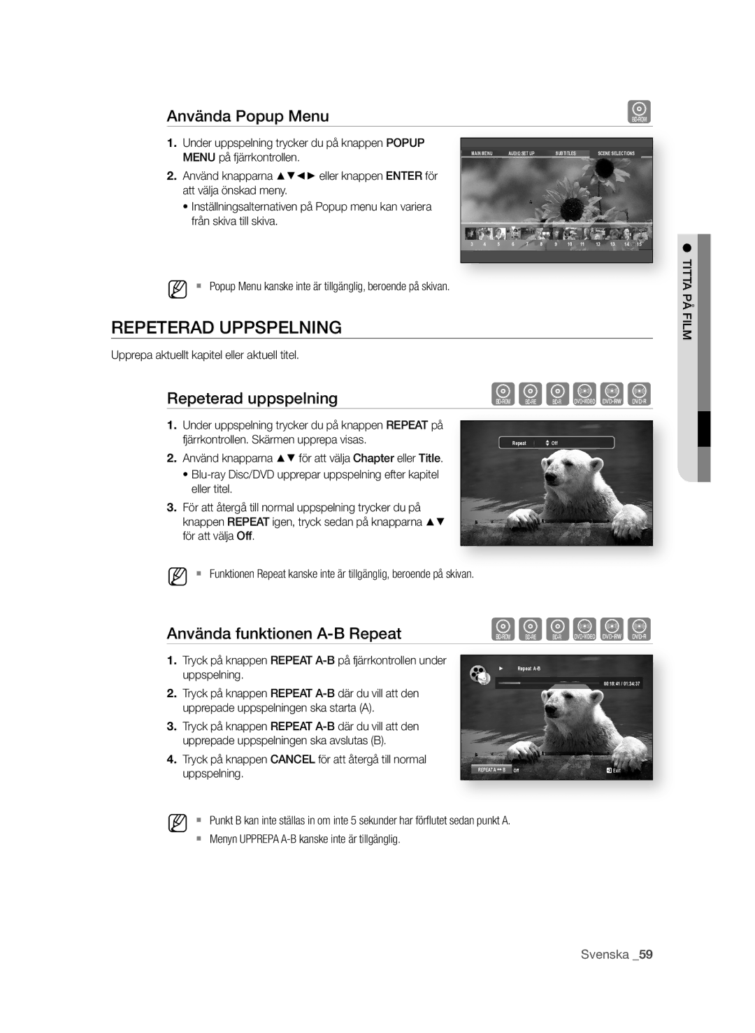 Samsung BD-P1580/XEE manual REPETErad UPPSPELning, Använda Popup Menu, Repeterad uppspelning, Använda funktionen a-B repeat 