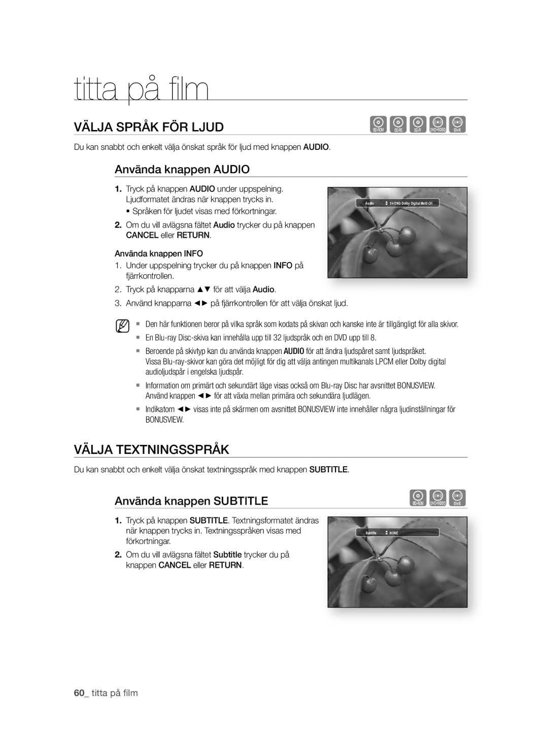 Samsung BD-P1580/XEE manual VÄLja SPråK FÖr LjUd, VÄLja TEXTningSSPråK, Använda knappen aUdiO, Använda knappen SUBTiTLE 