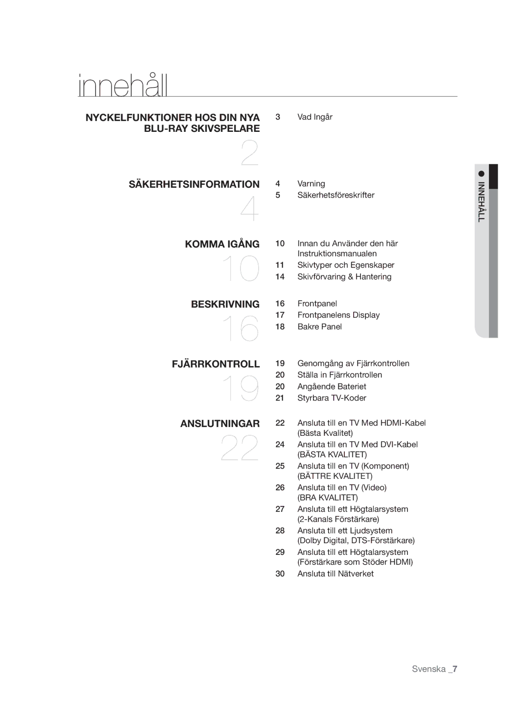 Samsung BD-P1580/XEE manual Innehåll, Bästa Kvalitet, Bättre Kvalitet, BRA Kvalitet 