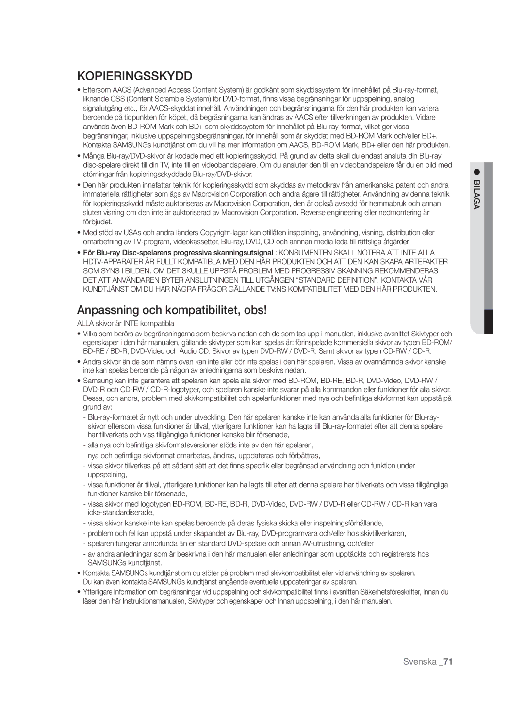 Samsung BD-P1580/XEE manual Kopieringsskydd, Anpassning och kompatibilitet, obs 