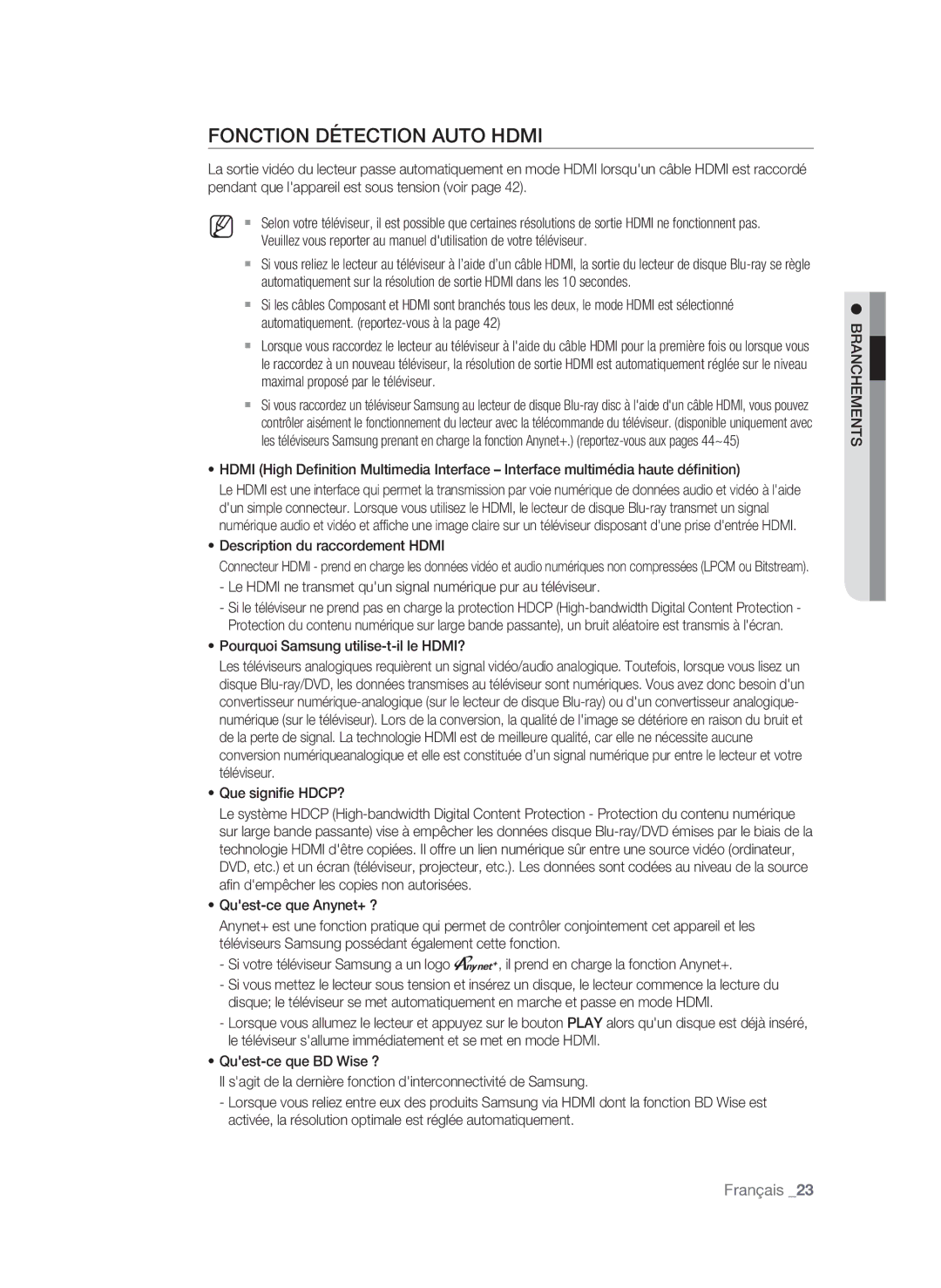 Samsung BD-P1580/XEF manual Description du raccordement Hdmi, Le Hdmi ne transmet quun signal numérique pur au téléviseur 