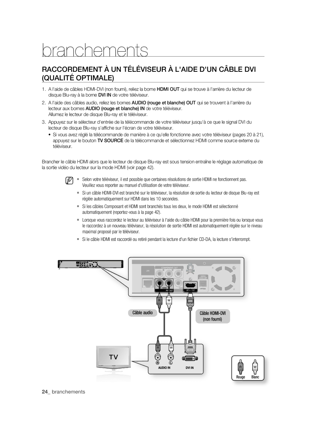 Samsung BD-P1580/XEF Réglée automatiquement sur Hdmi dans les 10 secondes, Automatiquement reportez-vous à la, Câble audio 