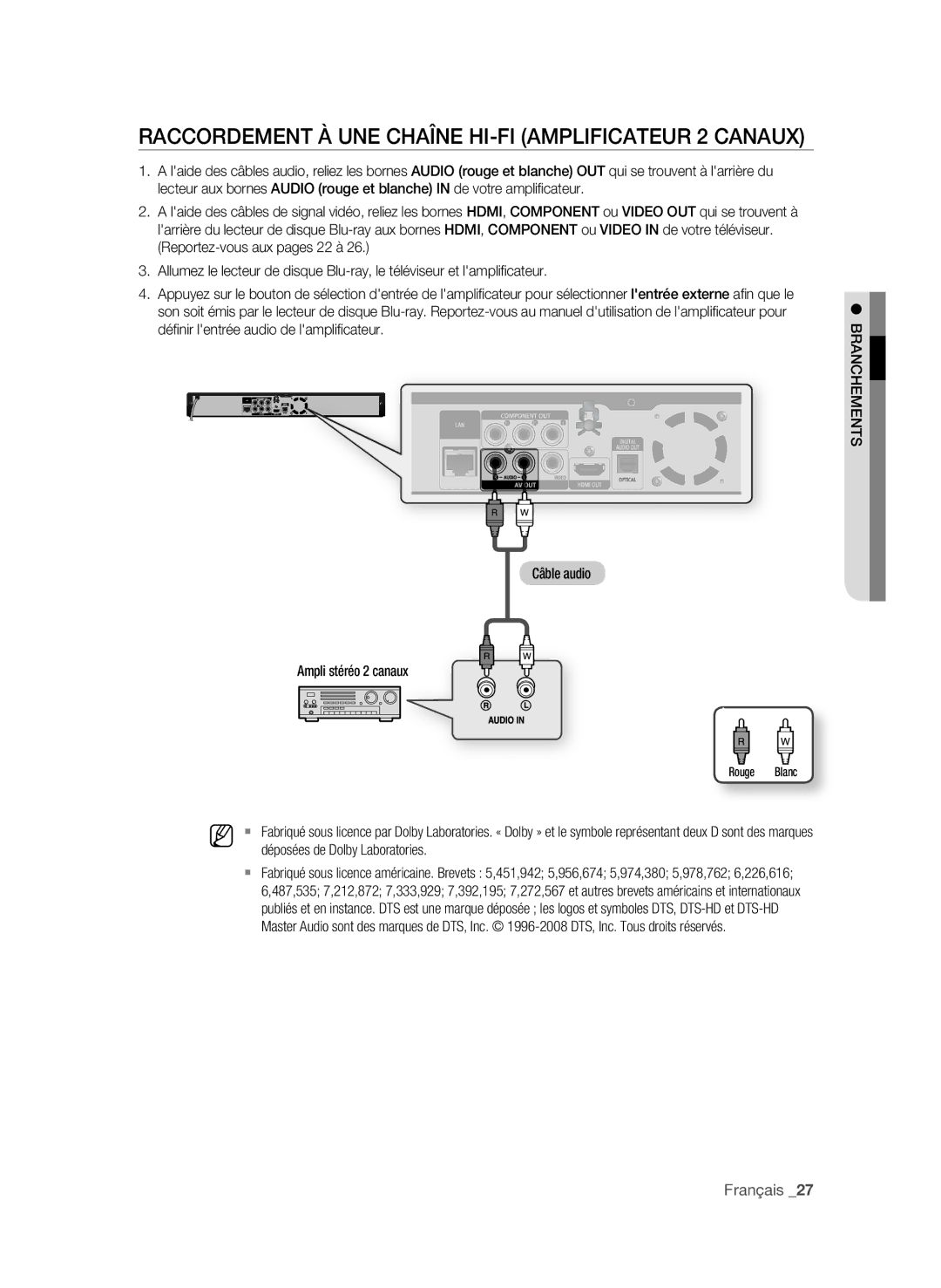 Samsung BD-P1580/XEF manual RACCoRDeMent à Une ChAÎne hi-fi AMPLifiCAteUR 2 CAnAUX, Déposées de Dolby Laboratories 