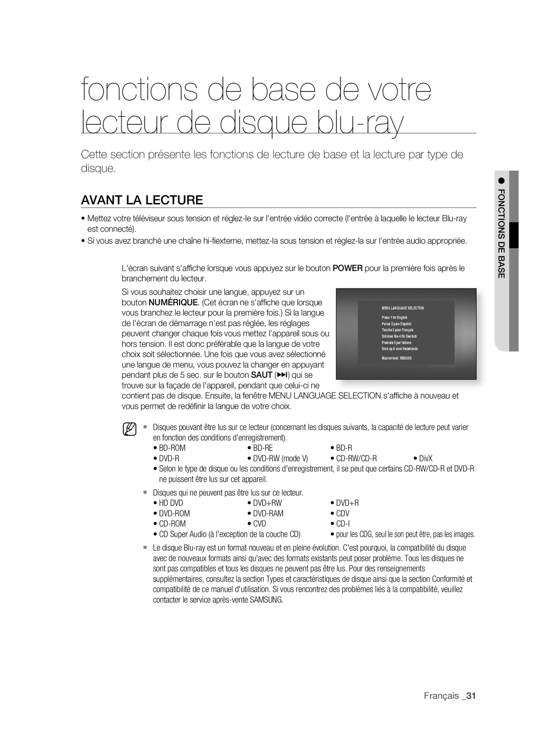 Samsung BD-P1580/XEF manual AVAnt LA LeCtURe, Si vous souhaitez choisir une langue, appuyez sur un, Cd-Rw/Cd-R 