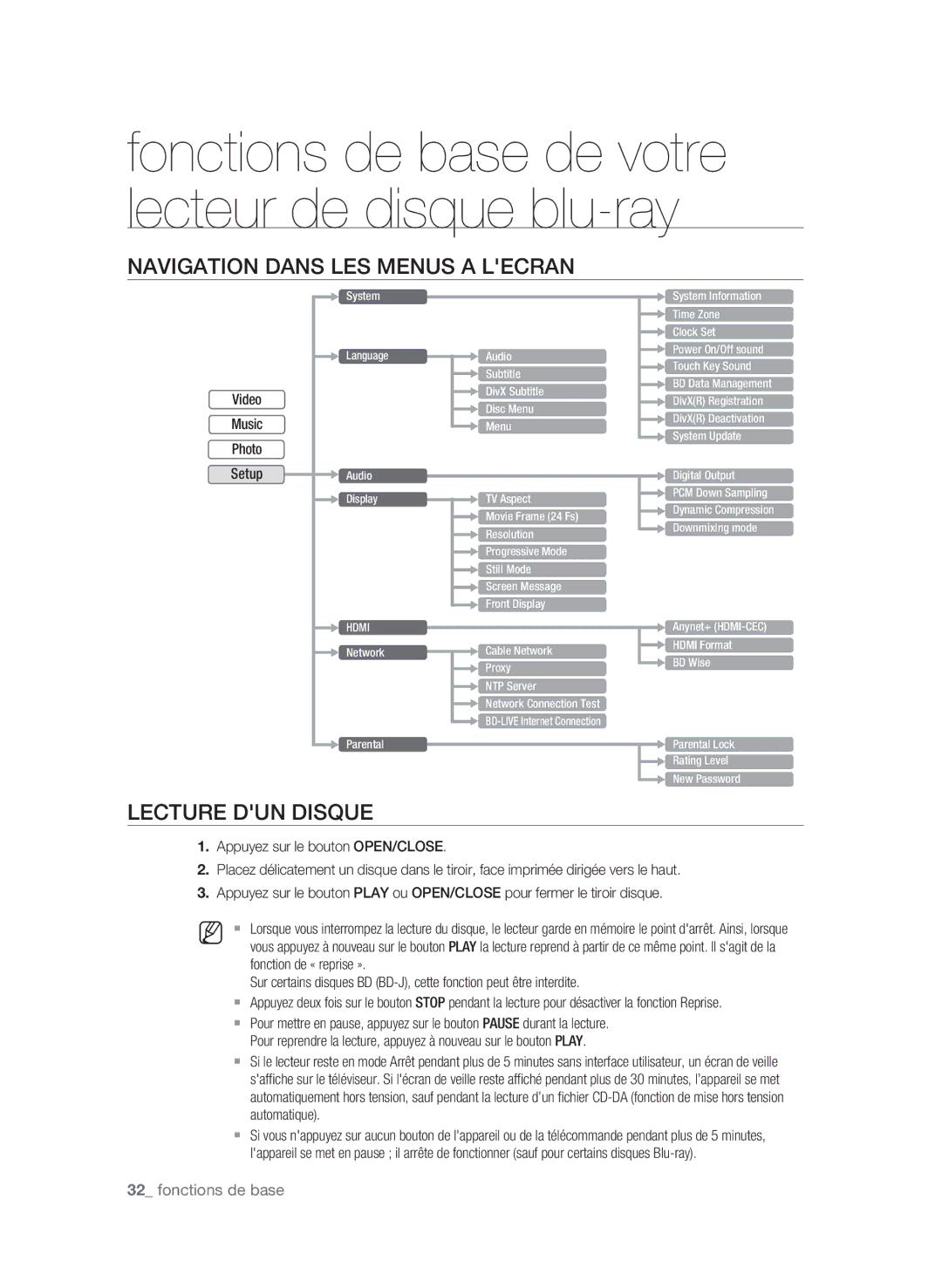 Samsung BD-P1580/XEF manual Navigation Dans LES Menus a Lecran, Lecture DUN Disque, Fonction de « reprise », Automatique 