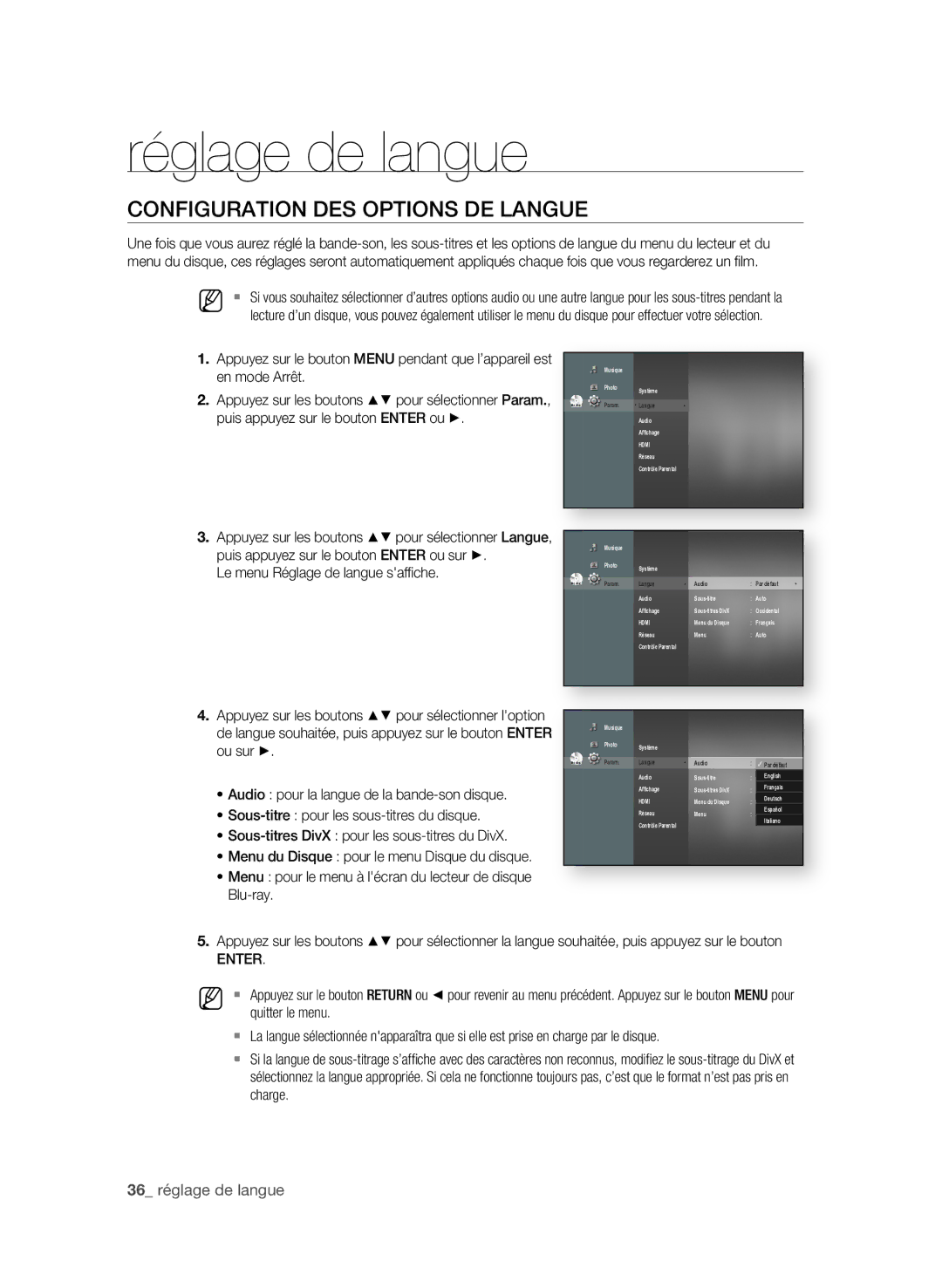 Samsung BD-P1580/XEF manual Réglage de langue, ConfigURAtion DeS oPtionS De LAngUe 