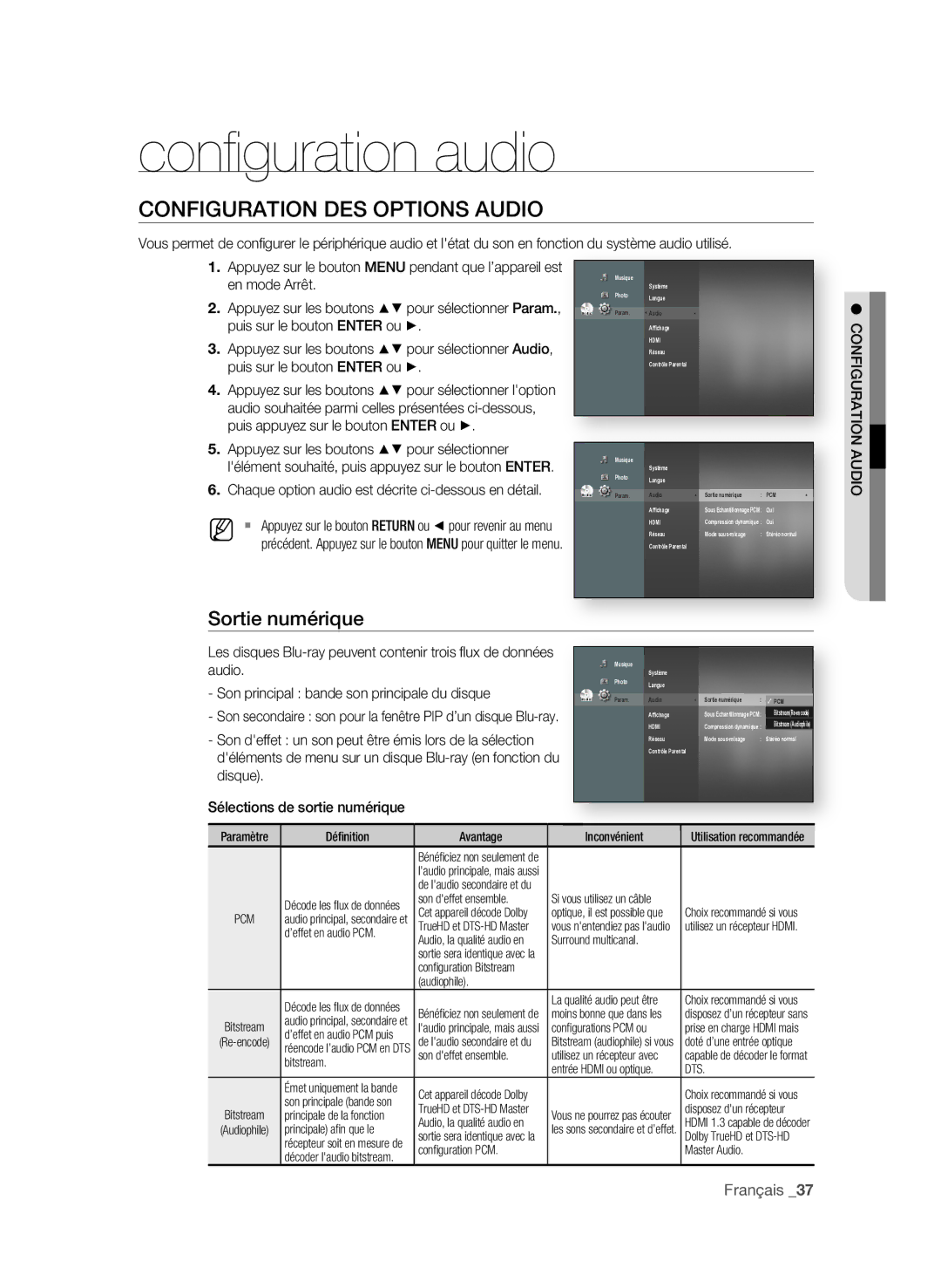 Samsung BD-P1580/XEF manual Conﬁ guration audio, ConfigURAtion DeS oPtionS AUDio, Sortie numérique 