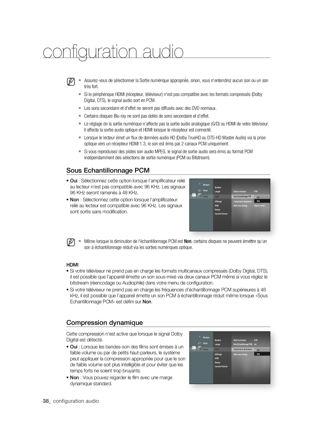 Samsung BD-P1580/XEF Sous echantillonnage PCM, Compression dynamique, KHz seront ramenés à 48 KHz, Digital est détecté 