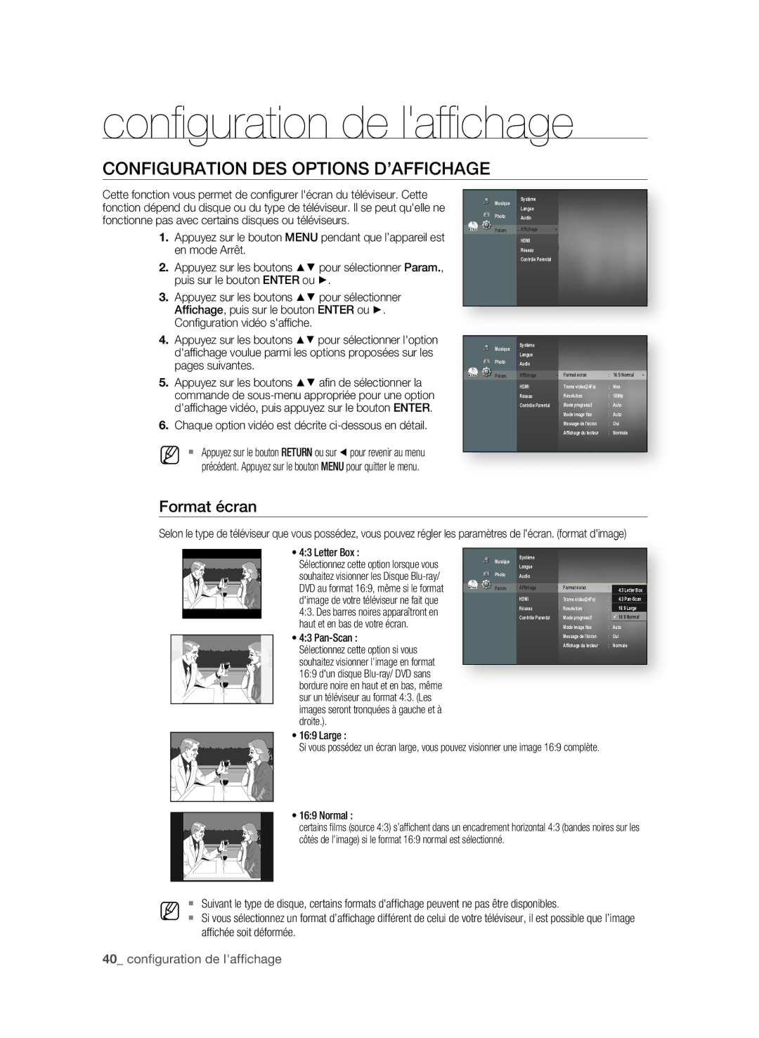 Samsung BD-P1580/XEF manual Conﬁ guration de lafﬁ chage, ConfigURAtion DeS oPtionS D’AffiChAge, Format écran, Pan-Scan 