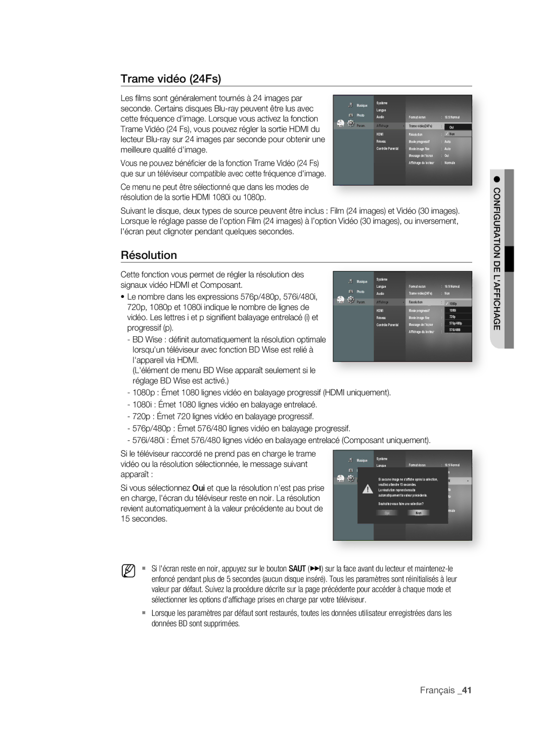 Samsung BD-P1580/XEF manual Trame vidéo 24fs, Résolution 