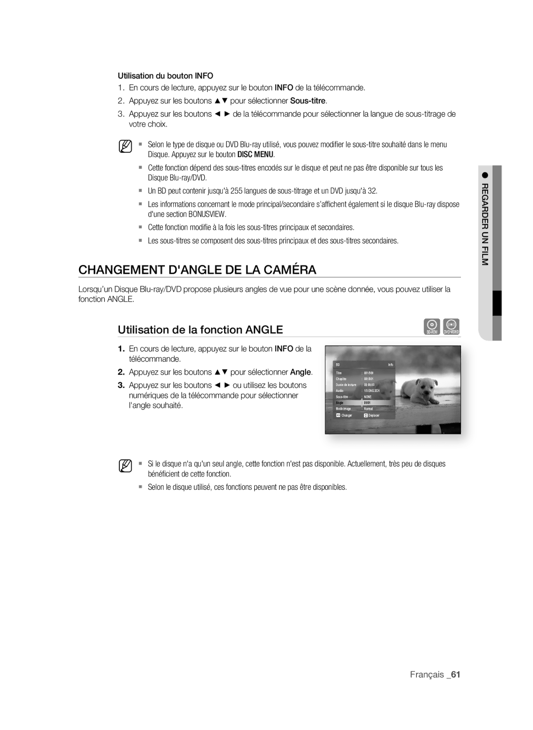 Samsung BD-P1580/XEF manual ChAngeMent DAngLe De LA CAMéRA, Utilisation de la fonction AngLe 