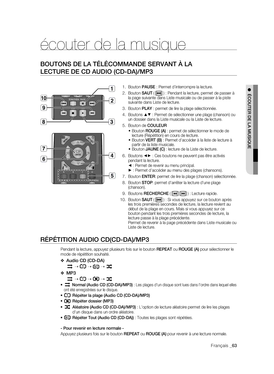 Samsung BD-P1580/XEF manual Écouter de la musique, Répétition Audio CDCD-DA/MP3, Audio CD CD-DA MP3, Iqu muslaed r 