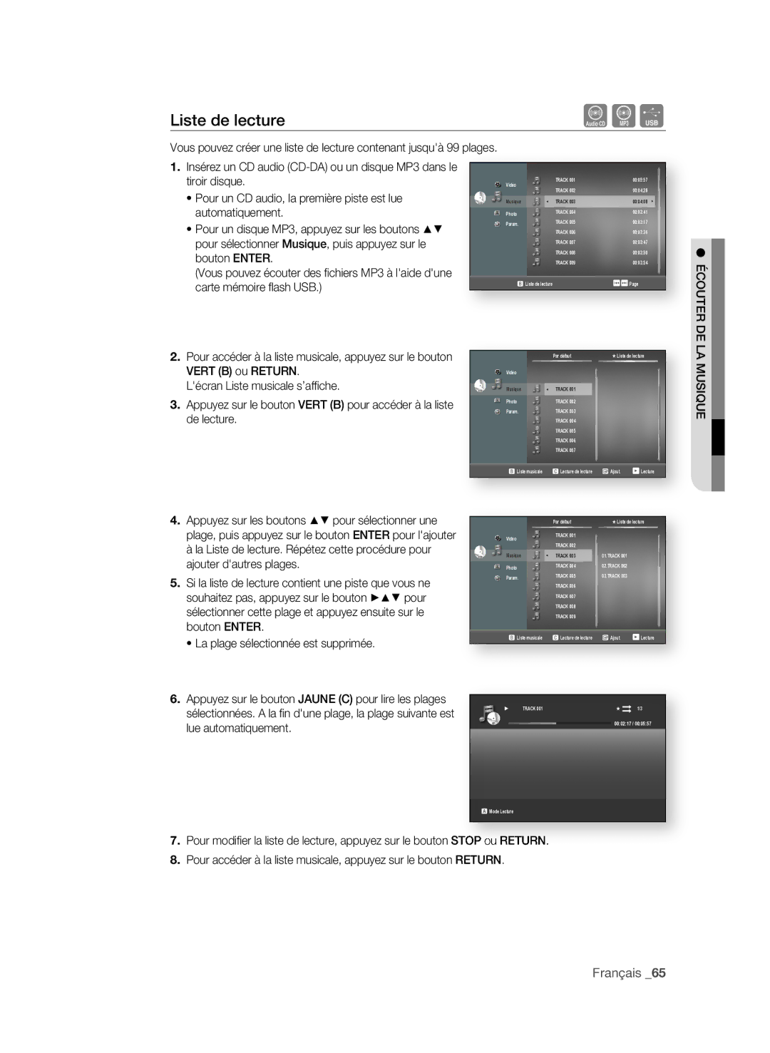 Samsung BD-P1580/XEF manual Liste de lecture, LA MUSiQUe 