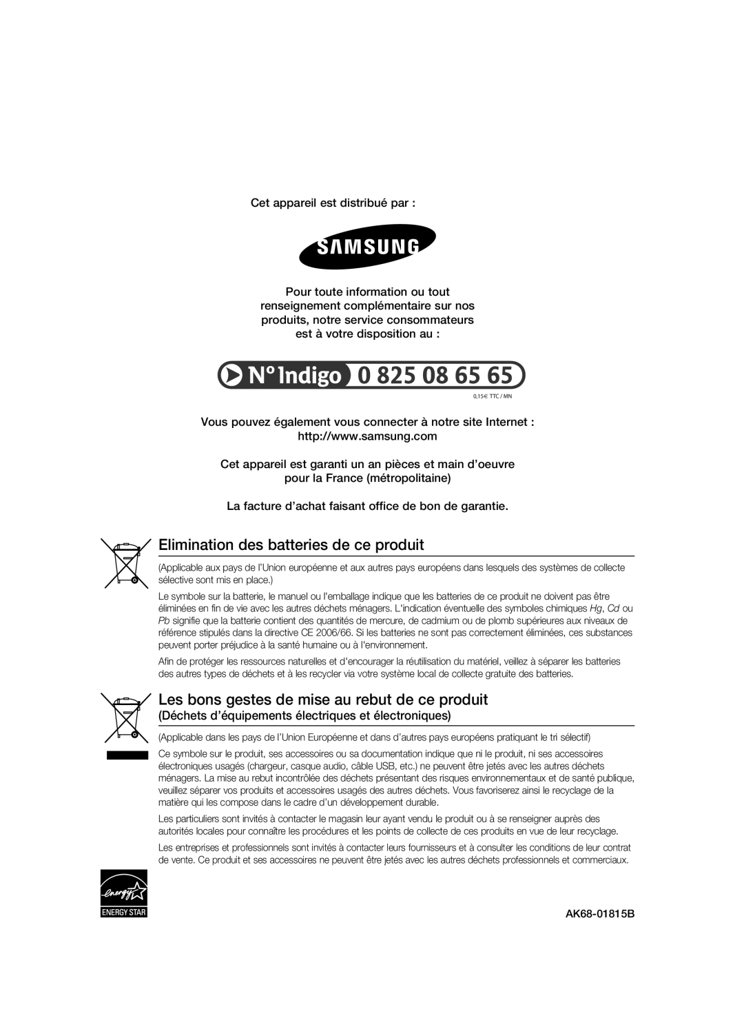 Samsung BD-P1580/XEF Elimination des batteries de ce produit, Les bons gestes de mise au rebut de ce produit, AK68-01815B 