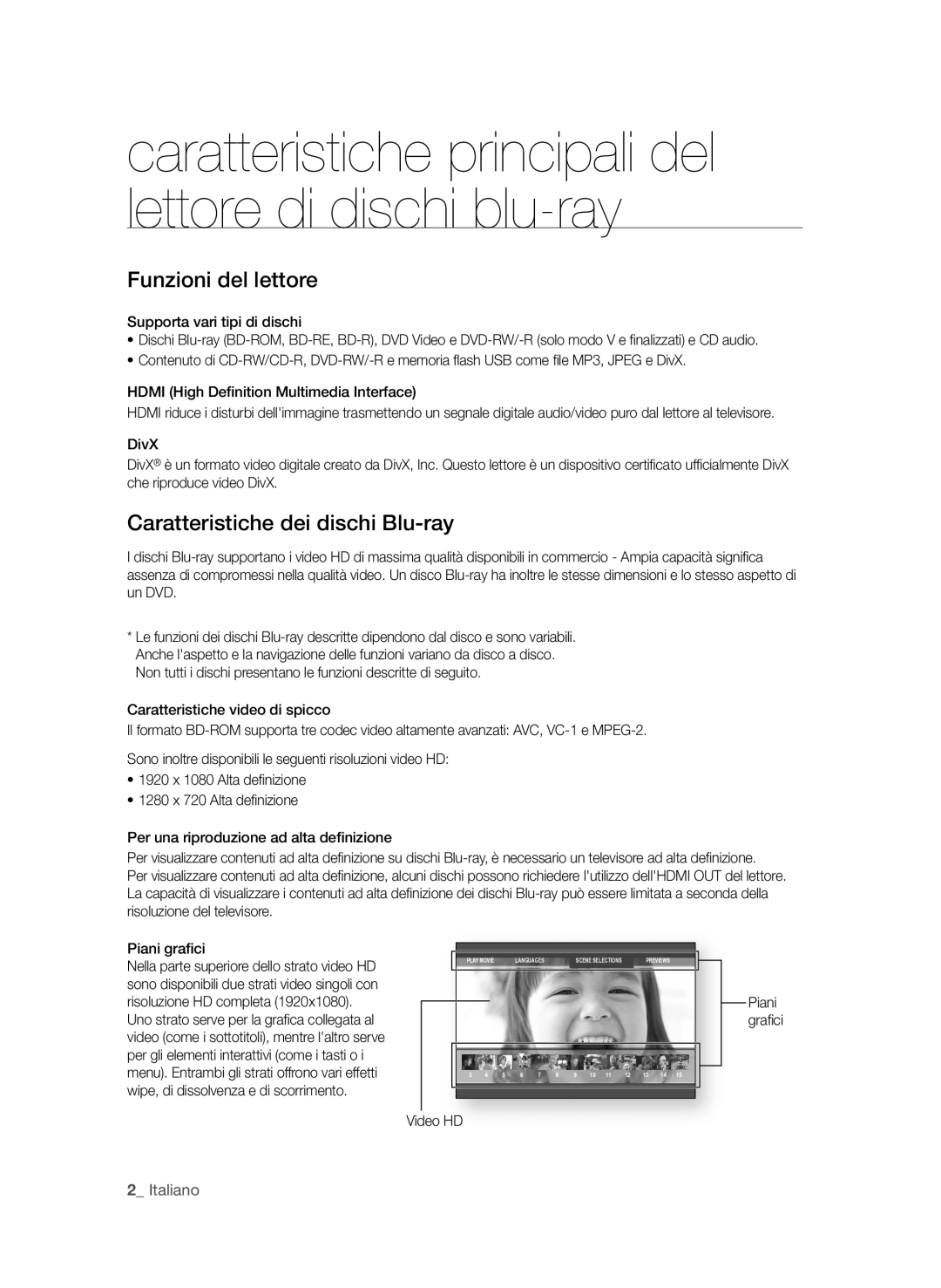 Samsung BD-P1580/XEF manual Funzioni del lettore, Caratteristiche dei dischi Blu-ray, Video HD 