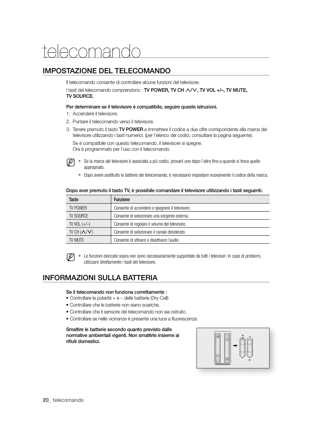 Samsung BD-P1580/XEF manual IMPoStAzione DeL teLeCoMAnDo, InfoRMAzioni SuLLA BAtteRiA, TV Power, TV Source, TV Mute 