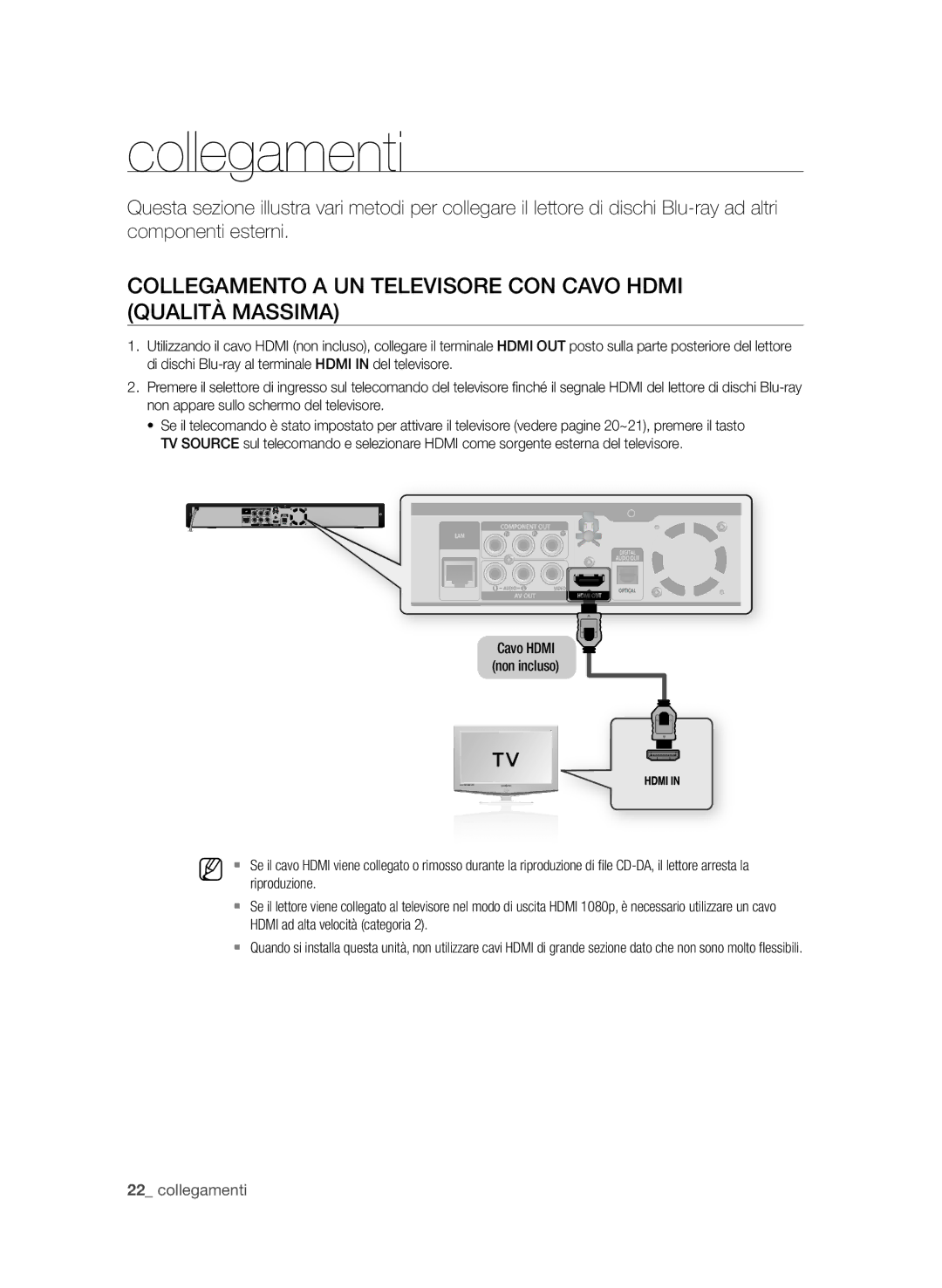 Samsung BD-P1580/XEF manual Collegamenti, Collegamento a un televisore con cavo Hdmi Qualità Massima, Riproduzione 