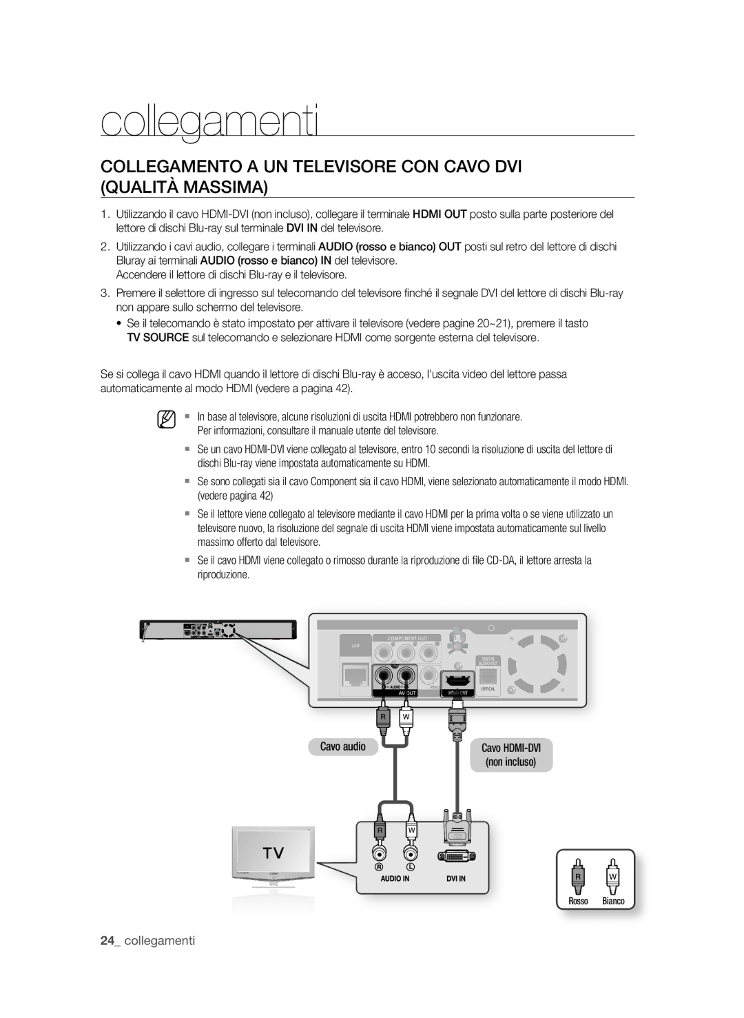 Samsung BD-P1580/XEF manual CoLLegAMento a un teLeViSoRe Con CAVo DVi QuALitÀ MASSiMA, Vedere pagina, Cavo audio 