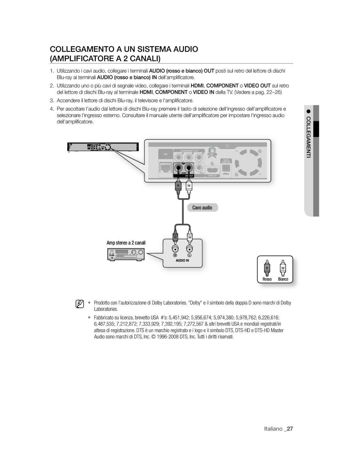 Samsung BD-P1580/XEF manual CoLLegAMento a un SiSteMA AuDio AMPLifiCAtoRe a 2 CAnALi, Laboratories, CoLLegAMenti 