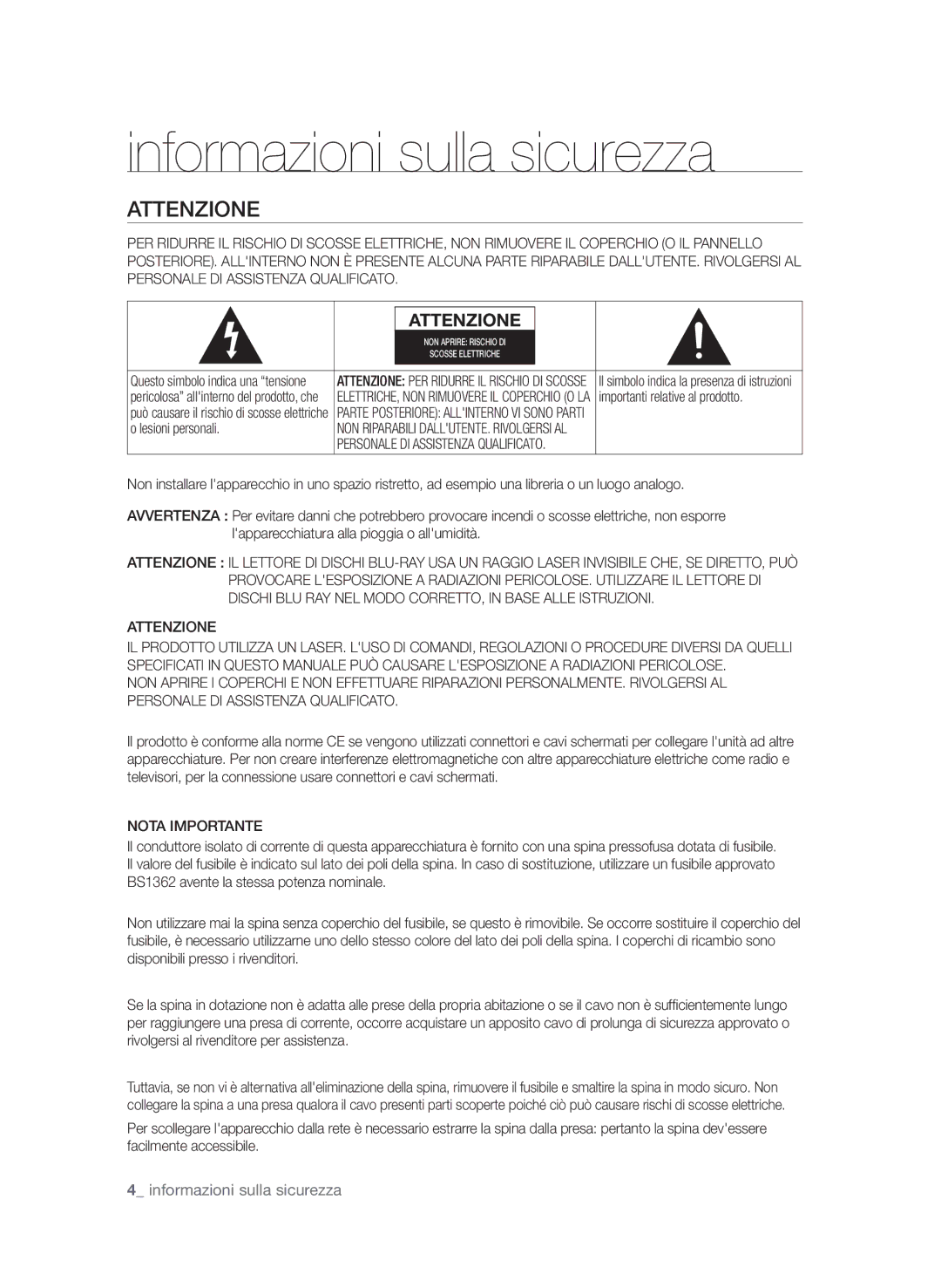 Samsung BD-P1580/XEF manual Informazioni sulla sicurezza, Attenzione, Lesioni personali, Nota Importante 