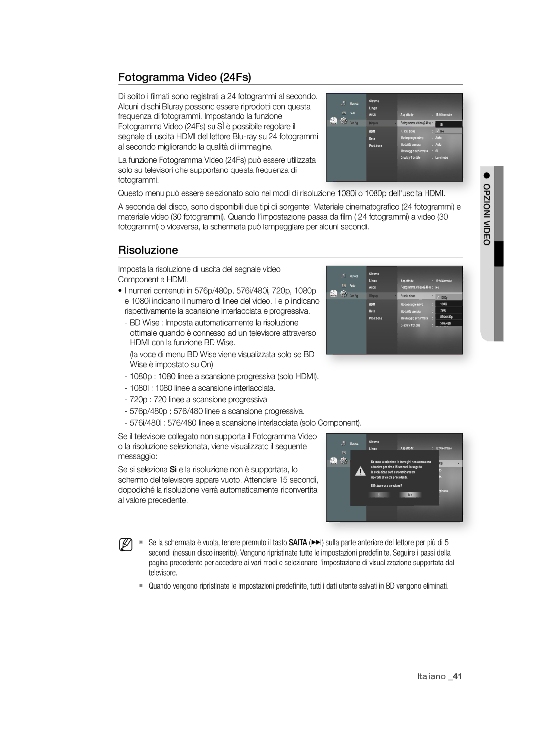 Samsung BD-P1580/XEF manual Fotogramma Video 24fs, Risoluzione, Imposta la risoluzione di uscita del segnale video 