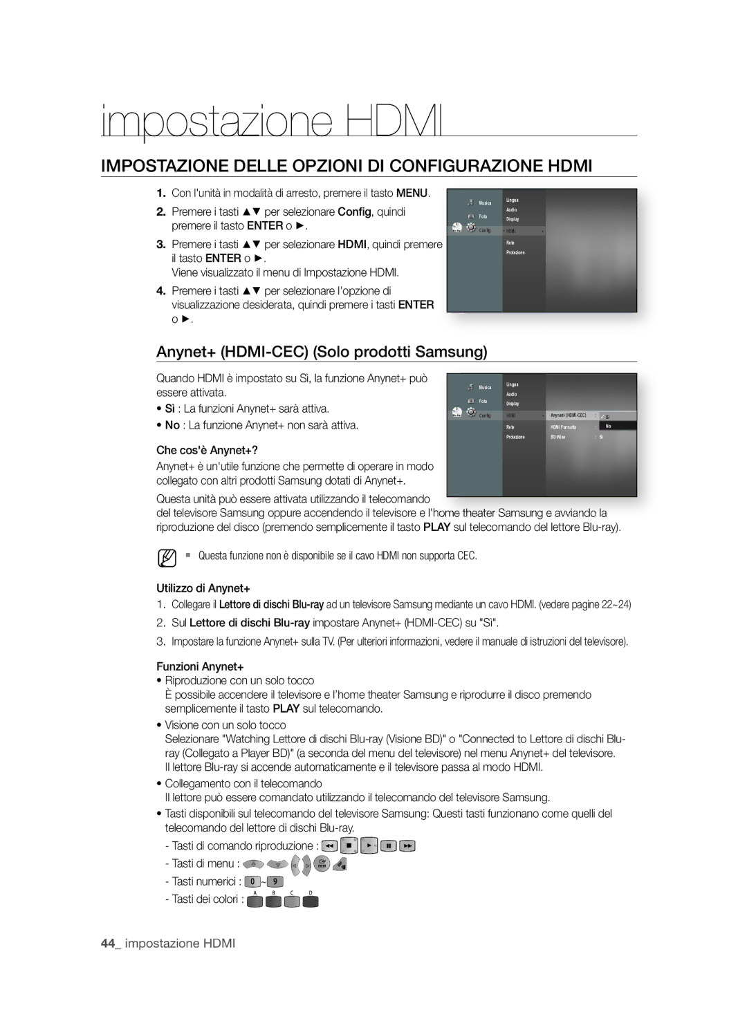 Samsung BD-P1580/XEF manual Impostazione Hdmi, IMPoStAzione DeLLe oPzioni Di ConfiguRAzione HDMi 