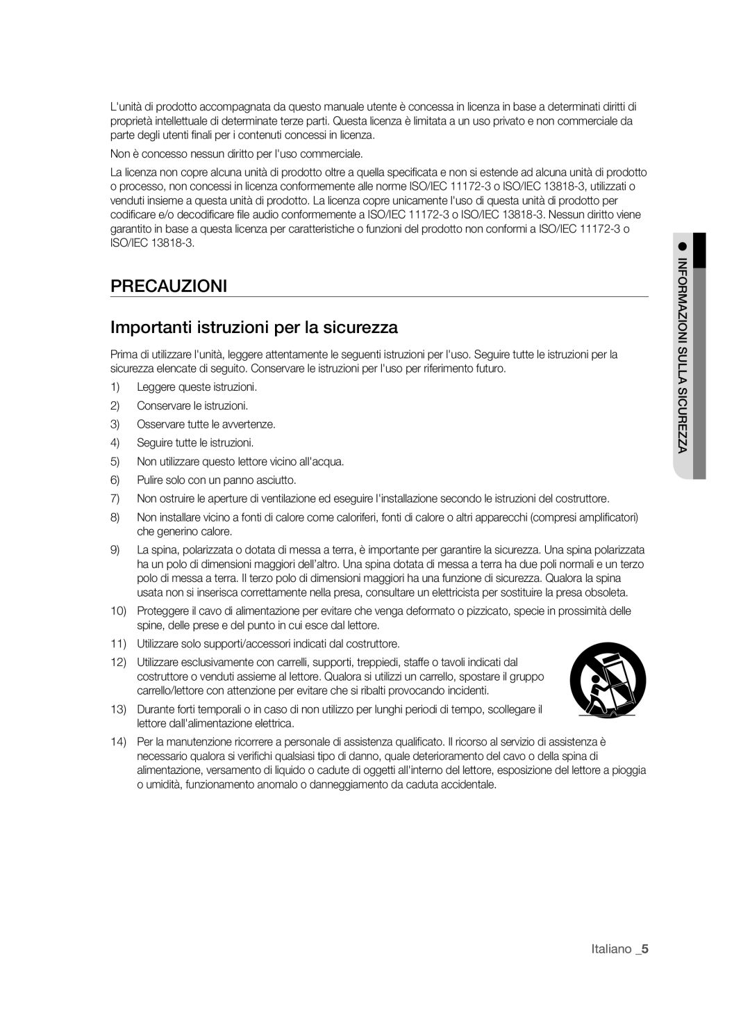 Samsung BD-P1580/XEF manual Precauzioni Importanti istruzioni per la sicurezza, Rezzu ic s ullas zioni rmainfo 