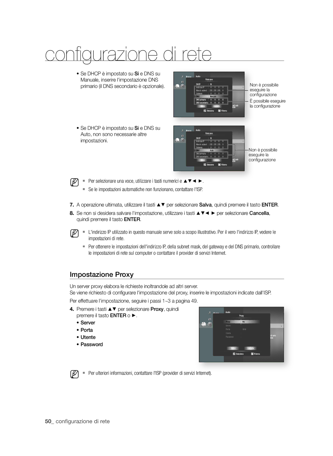 Samsung BD-P1580/XEF manual Impostazione Proxy, Server, Porta, Utente, Password 