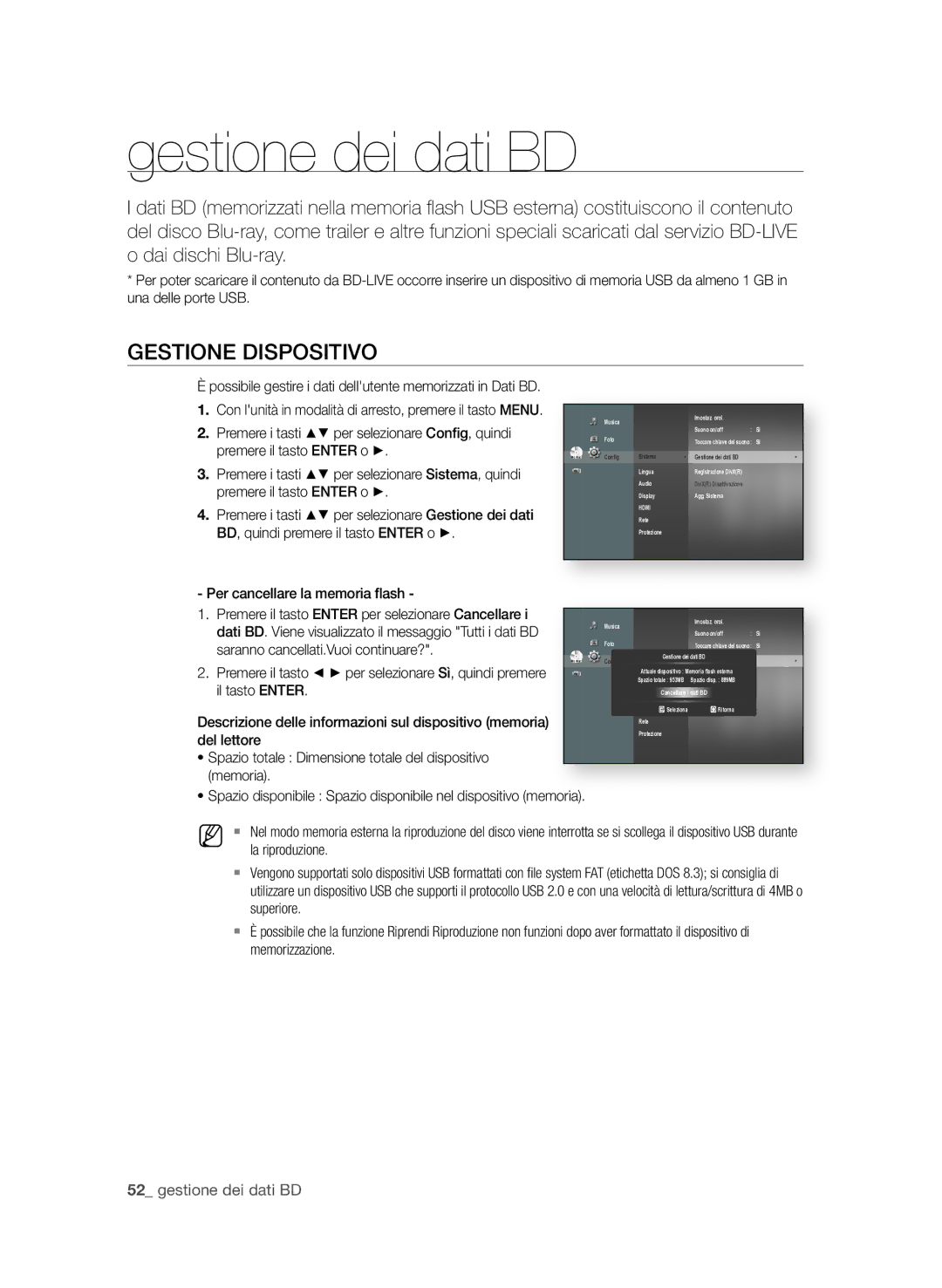 Samsung BD-P1580/XEF manual Gestione dei dati BD, GeStione DiSPoSitiVo 