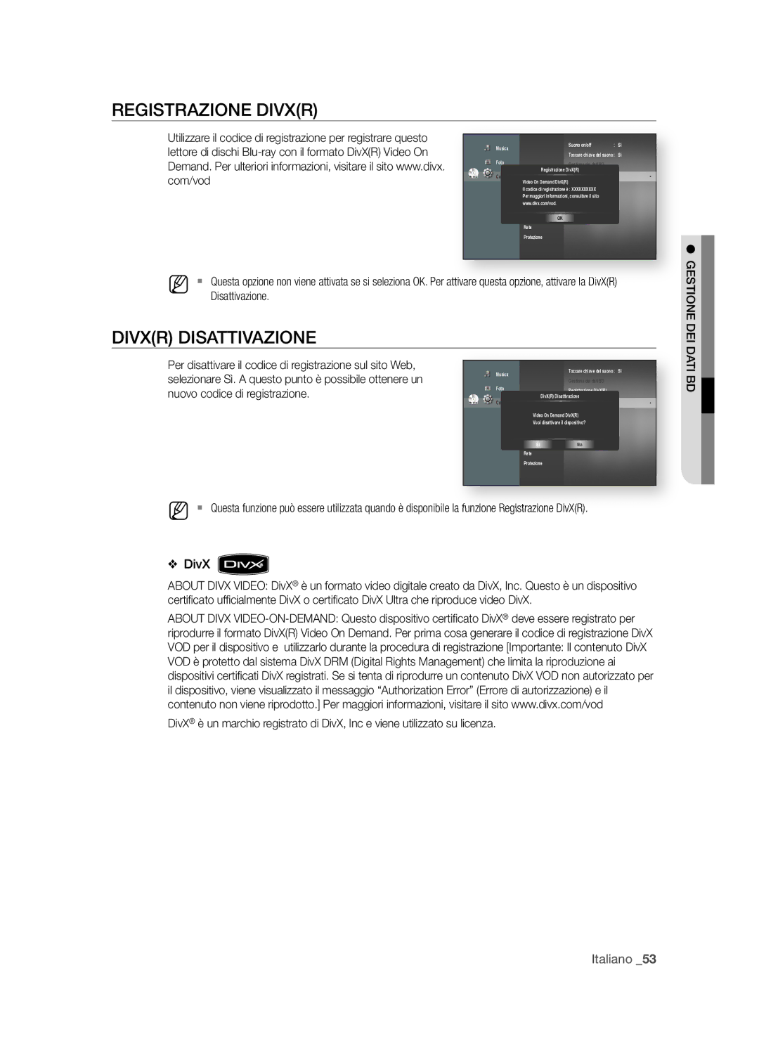 Samsung BD-P1580/XEF manual RegiStRAzione DiVXR, DiVXR DiSAttiVAzione, Com/vod, GeStione Dei, DAti BD 