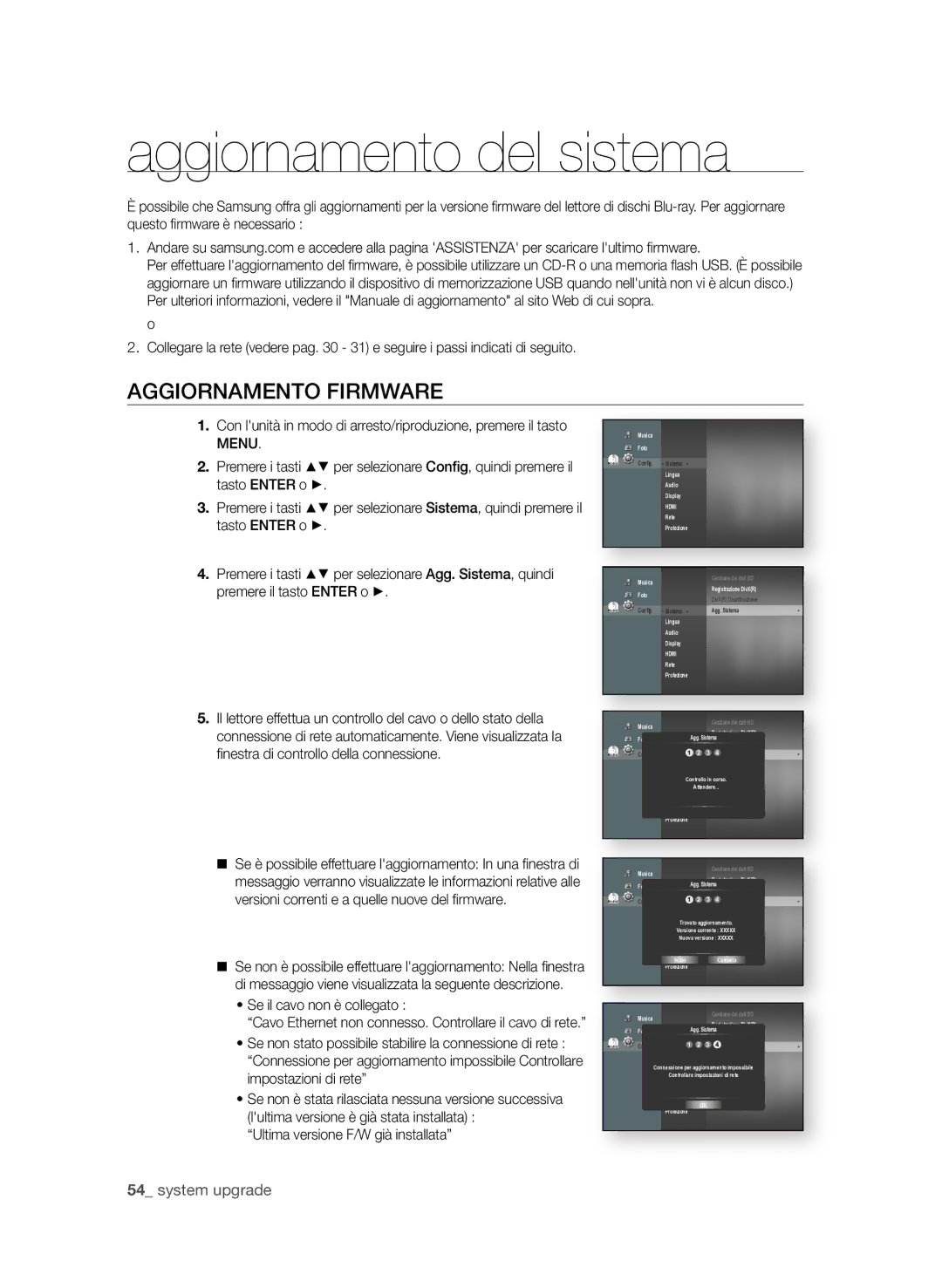 Samsung BD-P1580/XEF manual Aggiornamento del sistema, AggioRnAMento fiRMWARe, Se il cavo non è collegato 