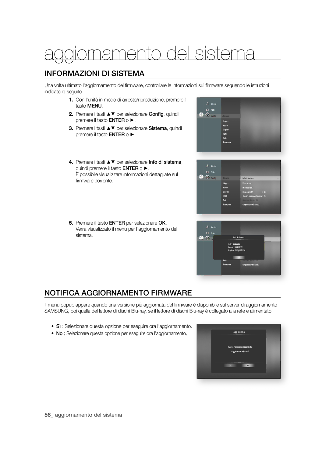 Samsung BD-P1580/XEF manual InfoRMAzioni Di SiSteMA, NotifiCA AggioRnAMento fiRMWARe 