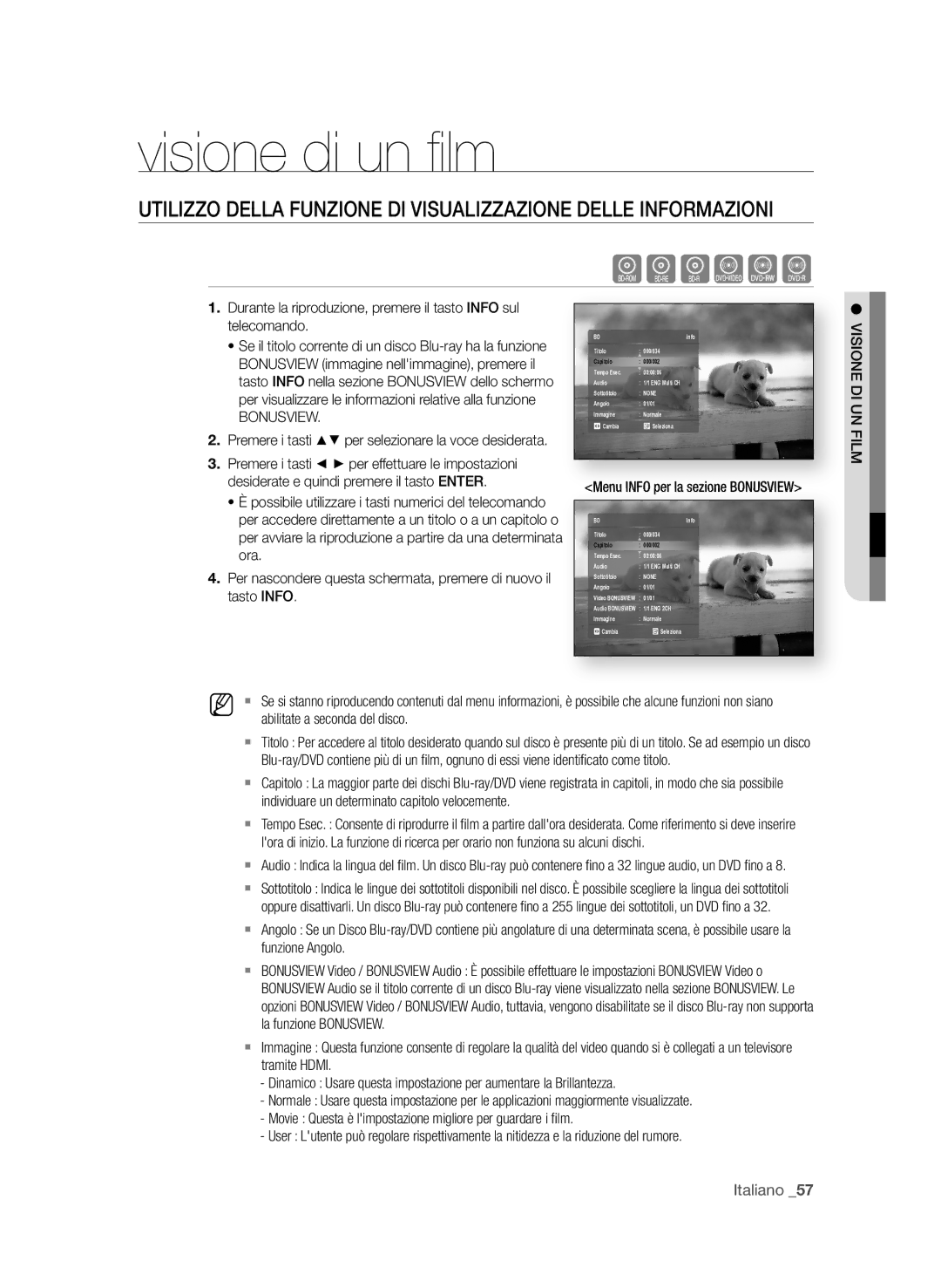 Samsung BD-P1580/XEF manual Visione di un ﬁ lm, Bonusview 