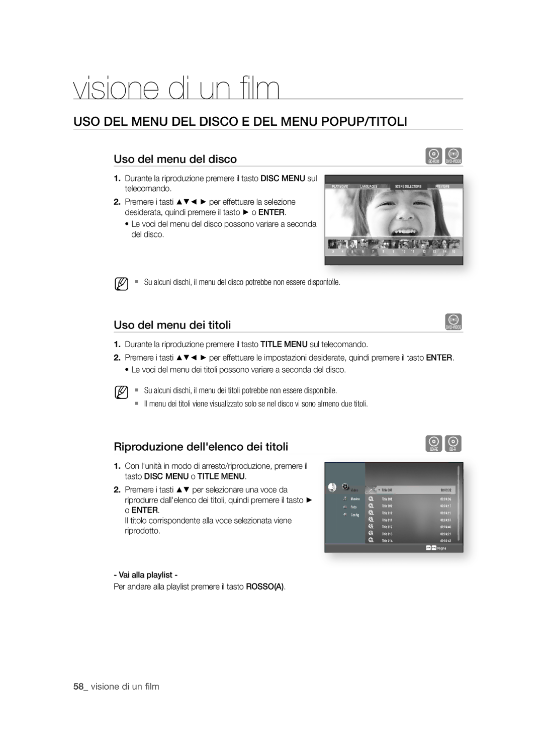 Samsung BD-P1580/XEF manual USo DeL Menu DeL DiSCo e DeL Menu PoPuP/titoLi, Uso del menu del disco, Uso del menu dei titoli 