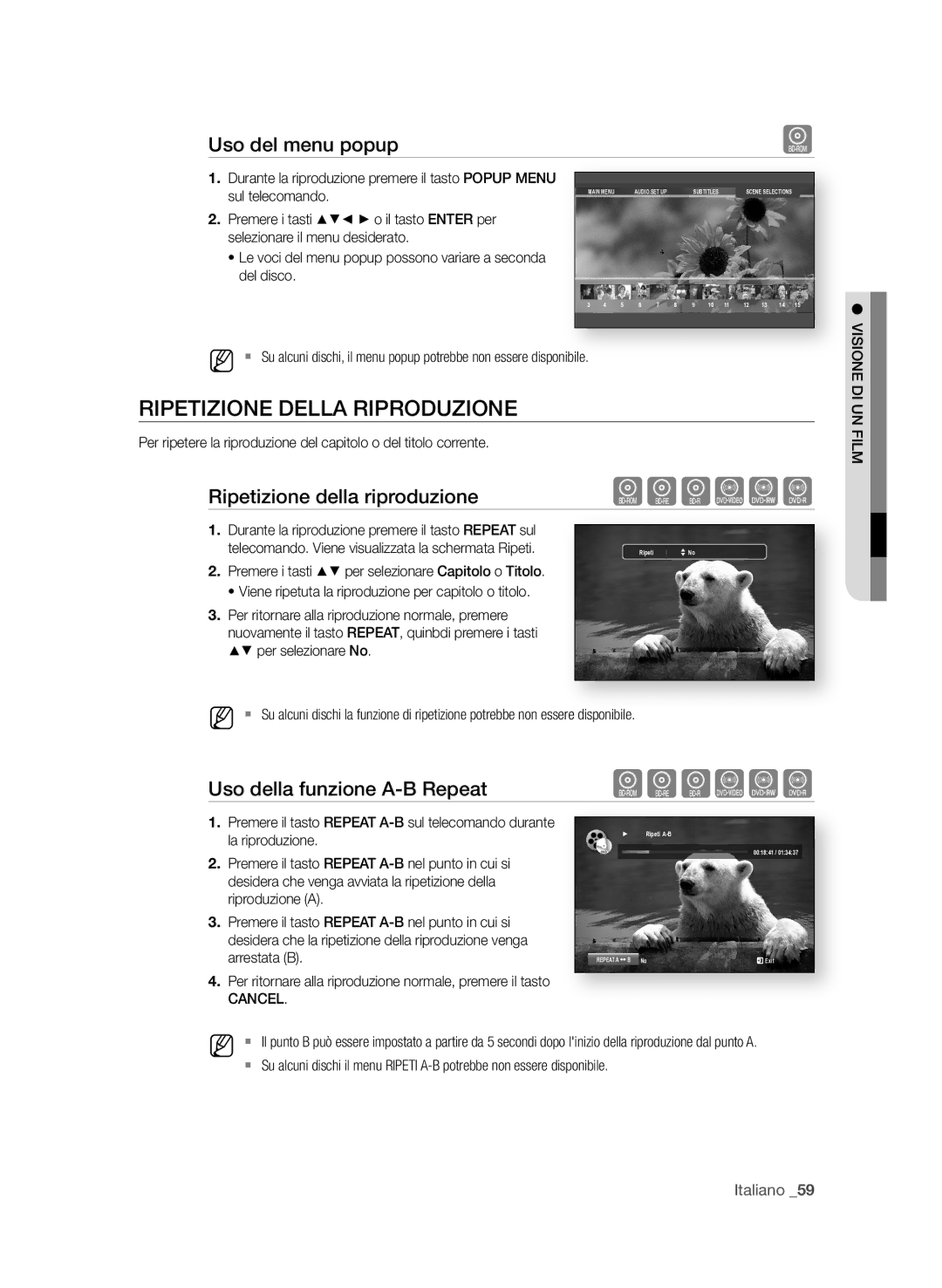 Samsung BD-P1580/XEF manual RiPetizione DeLLA RiPRoDuzione, Uso del menu popup, Ripetizione della riproduzione 