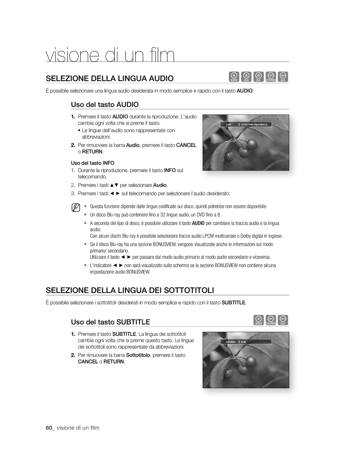 Samsung BD-P1580/XEF manual SeLezione DeLLA LinguA AuDio, SeLezione DeLLA LinguA Dei SottotitoLi, Uso del tasto AuDio 