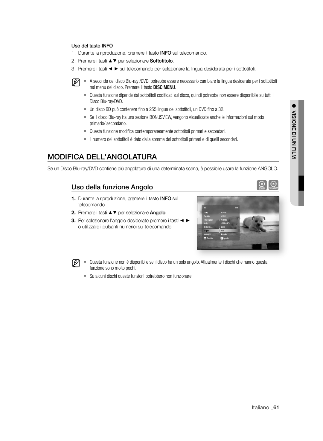 Samsung BD-P1580/XEF manual MoDifiCA DeLLAngoLAtuRA, Uso della funzione Angolo 