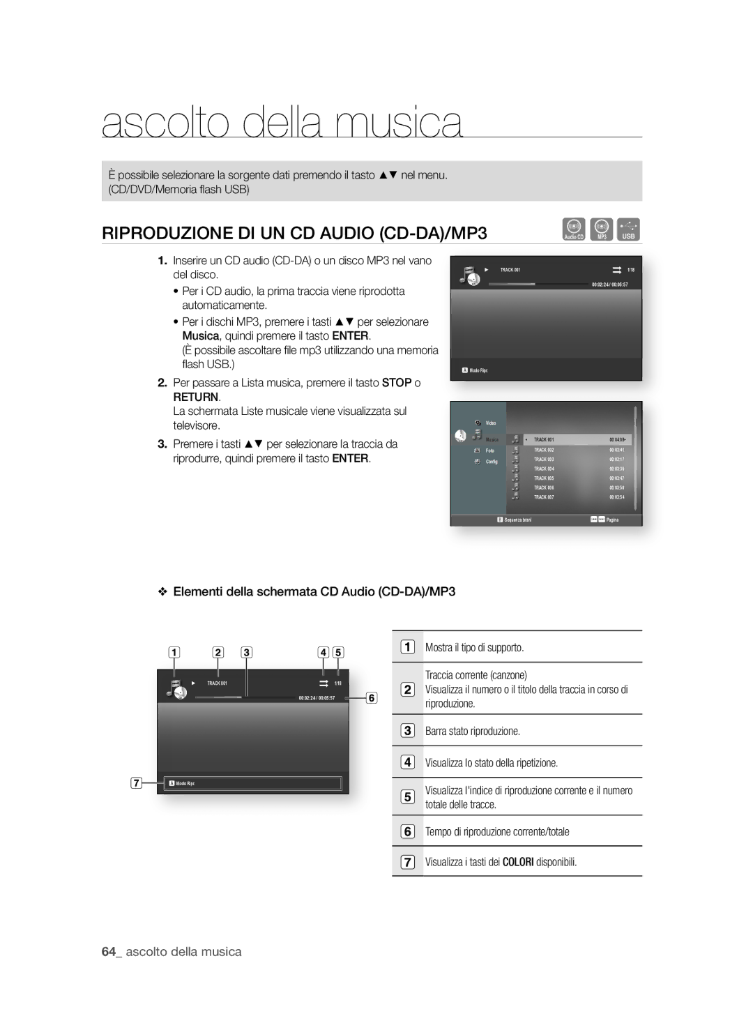 Samsung BD-P1580/XEF manual RiPRoDuzione Di un CD AuDio CD-DA/MP3, Elementi della schermata CD Audio CD-DA/MP3 