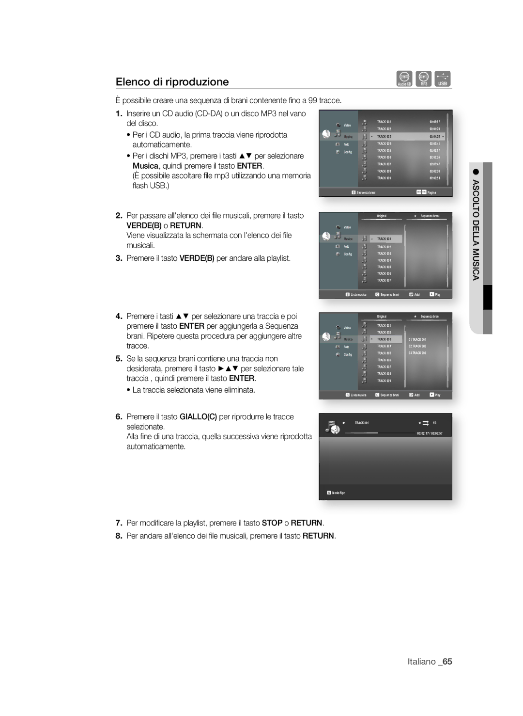 Samsung BD-P1580/XEF manual Elenco di riproduzione, ASCoLto DeLLA MuSiCA 