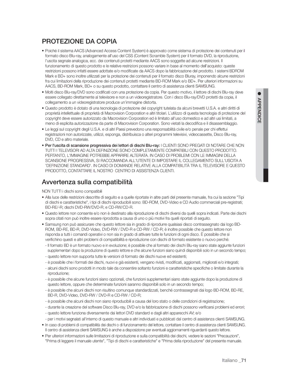 Samsung BD-P1580/XEF manual Protezione DA Copia, Avvertenza sulla compatibilità 