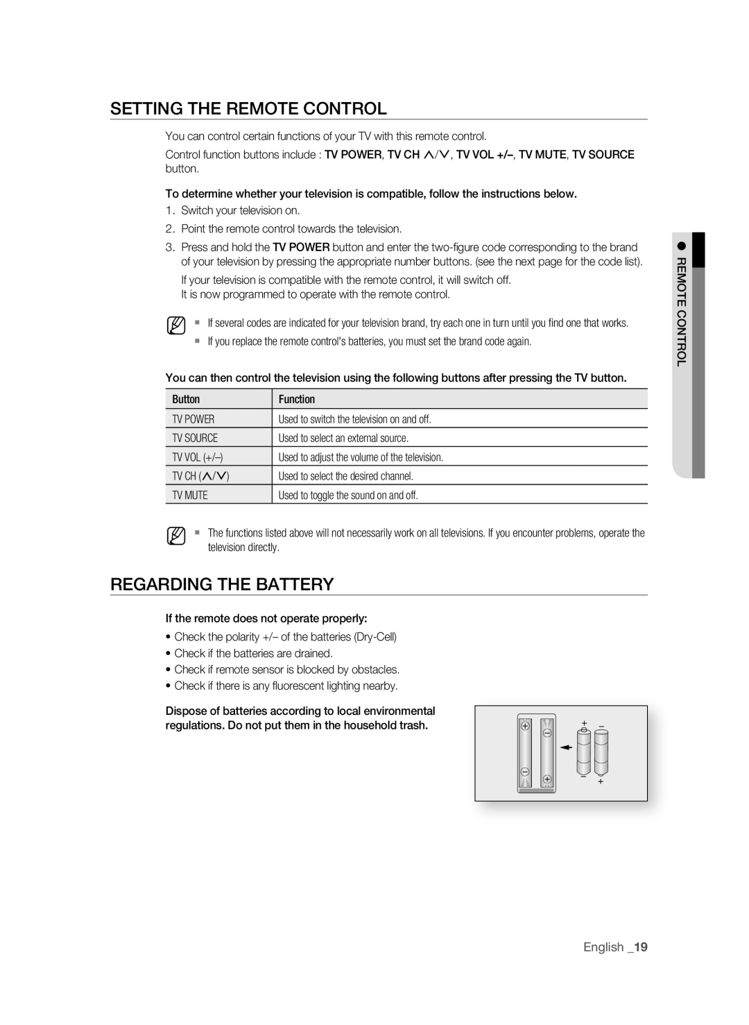 Samsung BD-1590C-XAC, BD-P1590-XAC, BD-1600-XAC user manual SETTing the rEMOTE COnTrOL, REgarDing the BaTTErY, English 1 