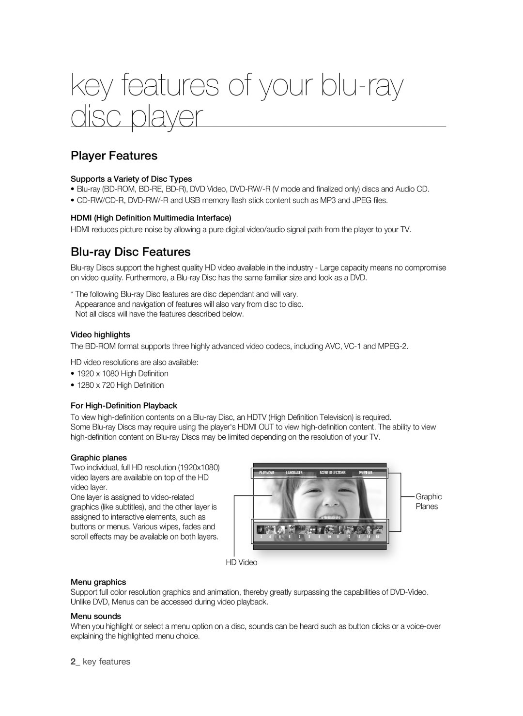 Samsung BD-1600-XAC user manual Key features of your blu-ray disc player, Player Features, Blu-ray Disc Features, HD Video 