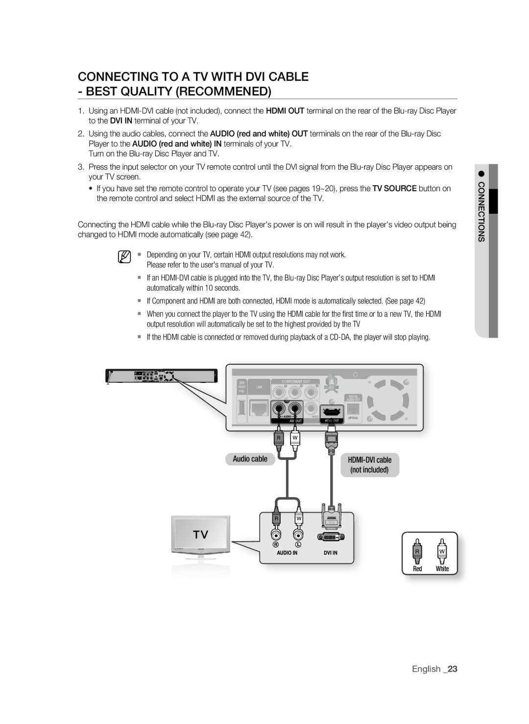 Samsung BD-1600-XAC user manual COnnECTing to a TV WiTH DVi CaBLE Best QUaLiTY rECOMMEnED, Automatically within 10 seconds 