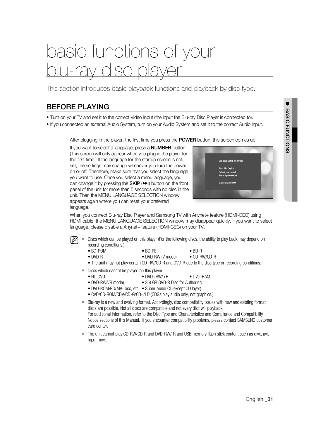 Samsung BD-1590C-XAC, BD-P1590-XAC, BD-1600-XAC user manual BEFOrE PLaYing, Bd-Rom Bd-Re, Cd-Rw/Cd-R, Hd Dvd Dvd+Rw/+R 