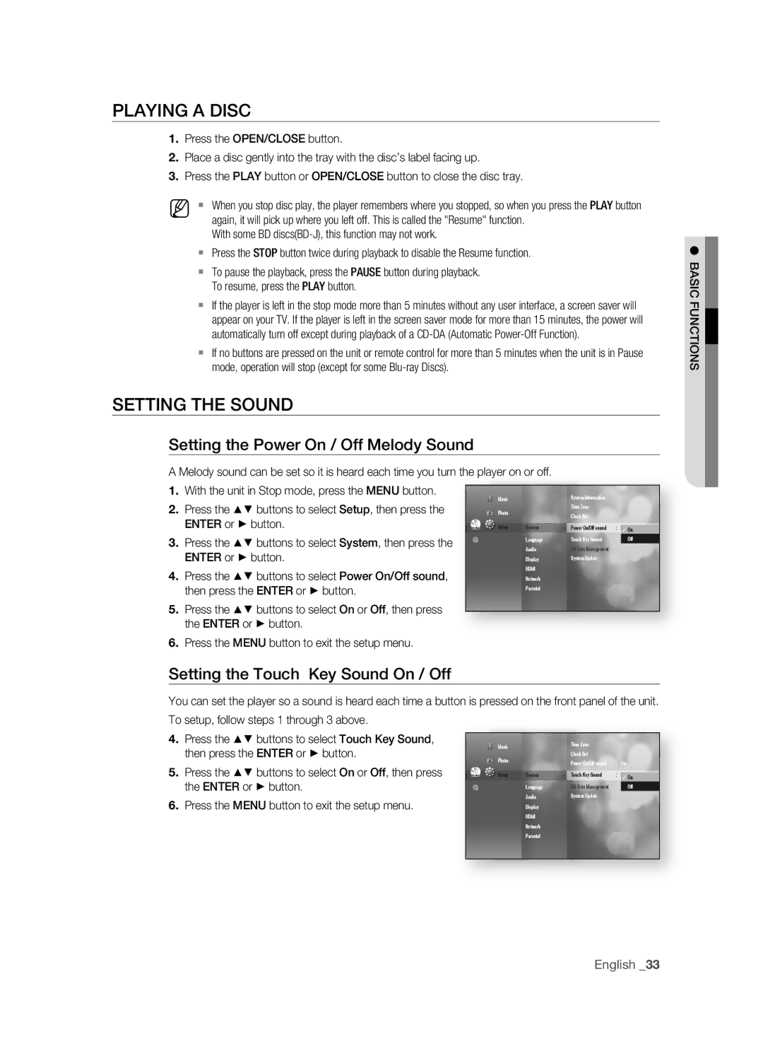 Samsung BD-P1590-XAC, BD-1590C-XAC, BD-1600-XAC PLaYing a DiSC, SETTing the SOUnD, Setting the Power On / Off Melody Sound 