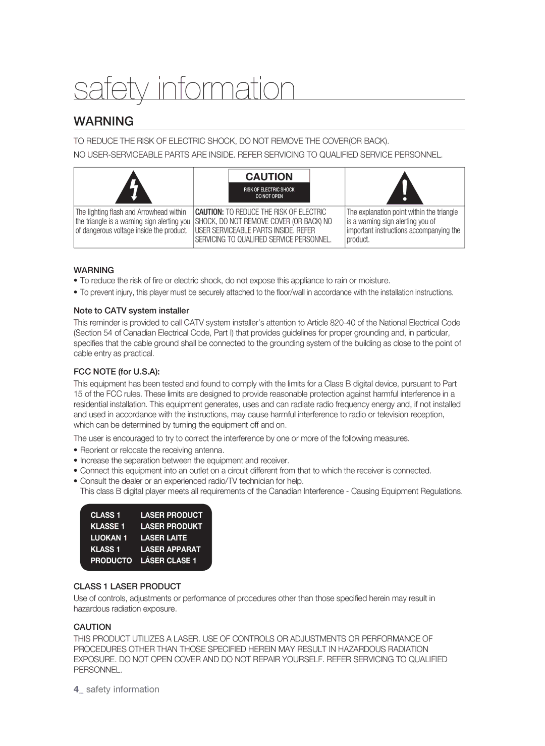 Samsung BD-1590C-XAC, BD-P1590-XAC, BD-1600-XAC Safety information,  safety information, Class 1 Laser Product 