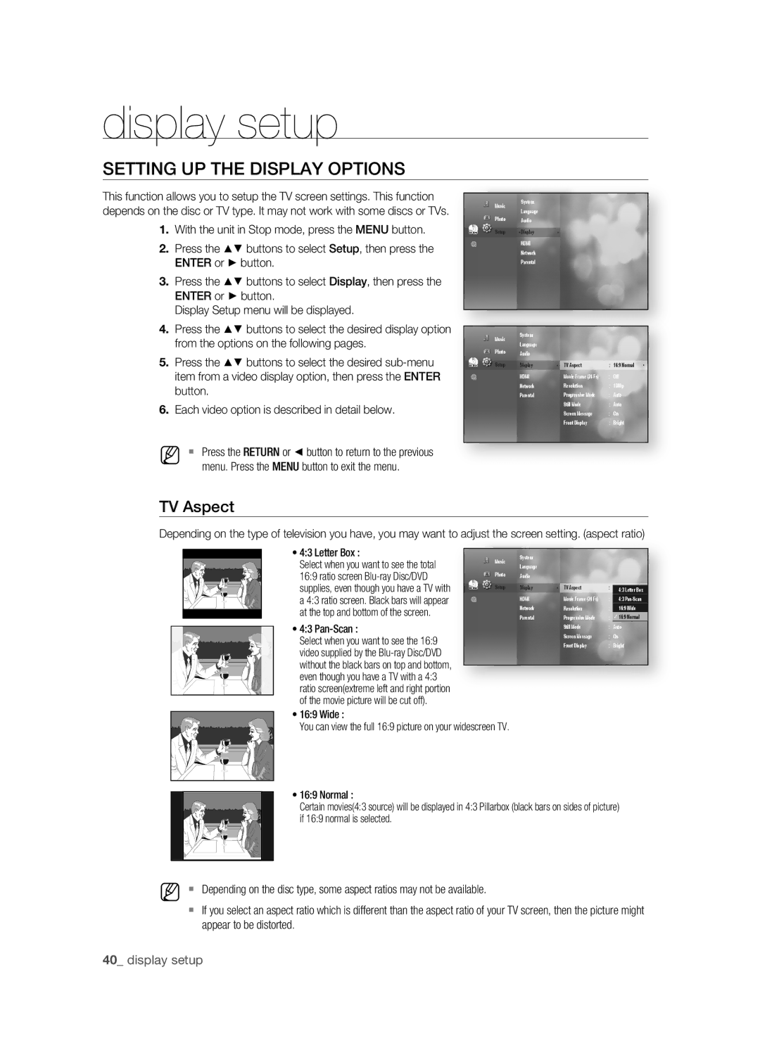 Samsung BD-1590C-XAC, BD-P1590-XAC, BD-1600-XAC Display setup, SETTing UP the DiSPLaY OPTiOnS, TV aspect, 0 display setup 