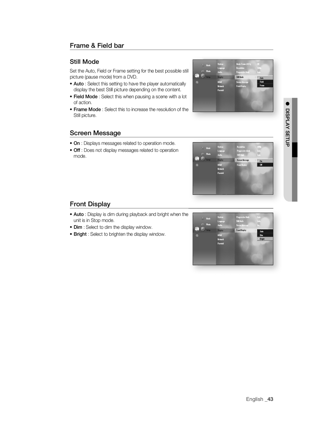 Samsung BD-1590C-XAC, BD-P1590-XAC, BD-1600-XAC user manual Frame & Field bar, Screen Message, Front Display, English 3 