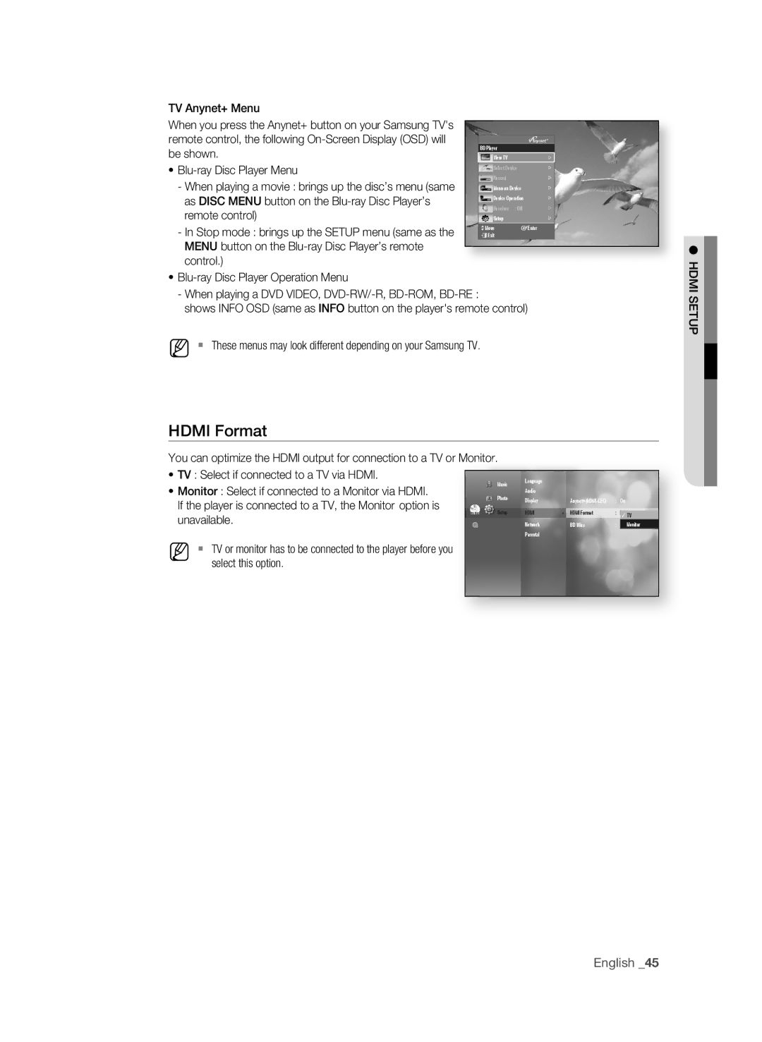 Samsung BD-P1590-XAC, BD-1590C-XAC, BD-1600-XAC English , TV Select if connected to a TV via Hdmi, Unavailable, Setup 